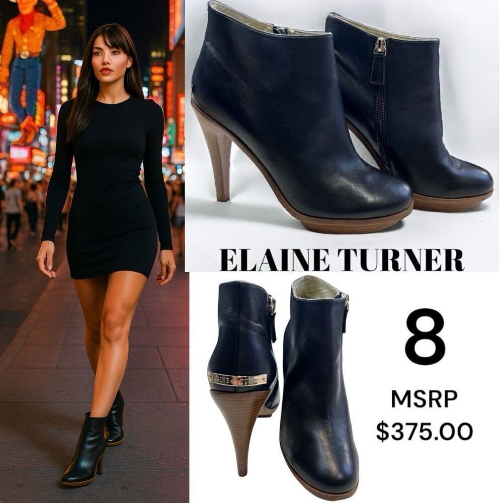 Elaine Turner Women's 8 Leather Ultra High Stiletto Heeled Bootie Black Sexy